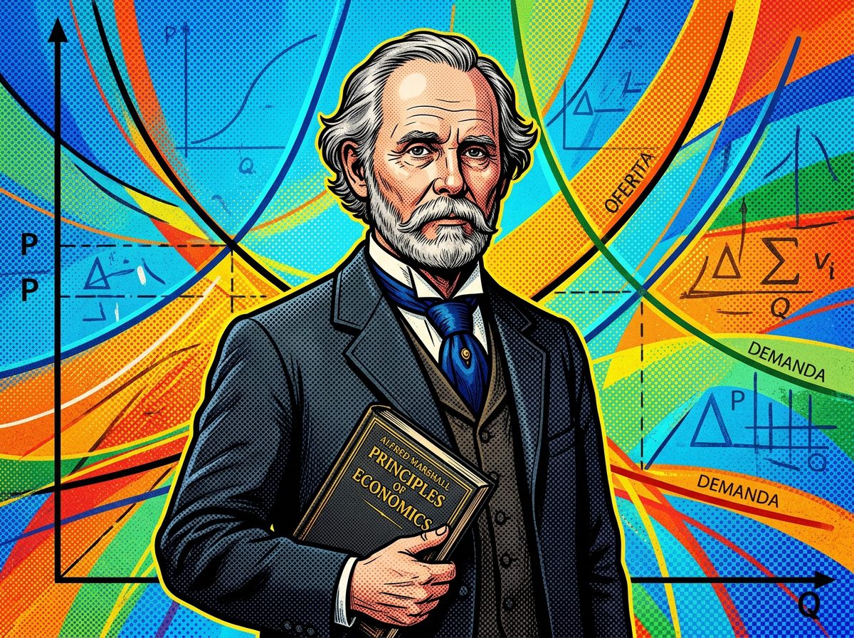 Retrato de Alfred Marshall, padre de la microeconomía moderna, con símbolos económicos de fondo.