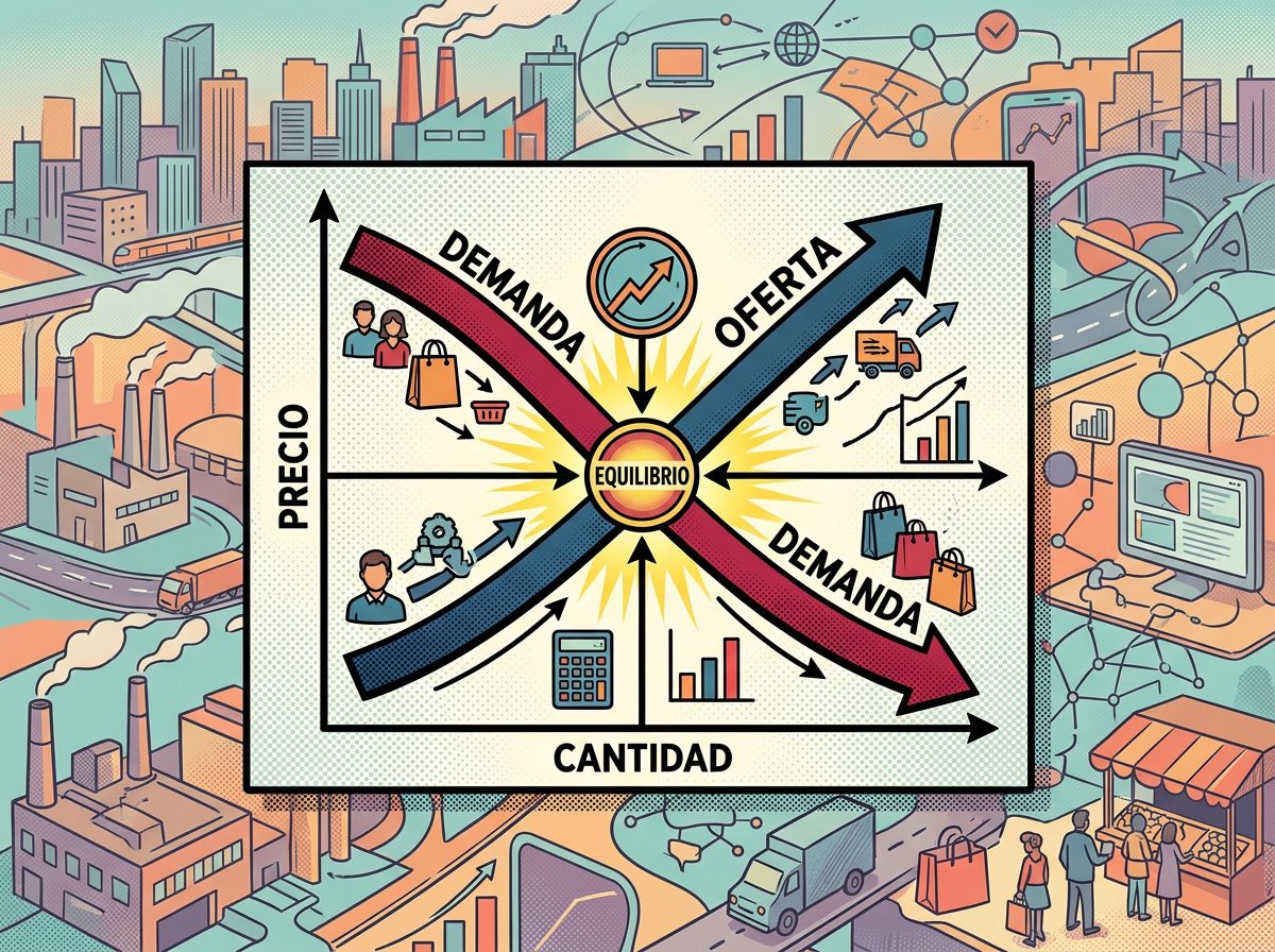 Gráfico de oferta y demanda con punto de equilibrio, simbolizando equilibrio parcial.