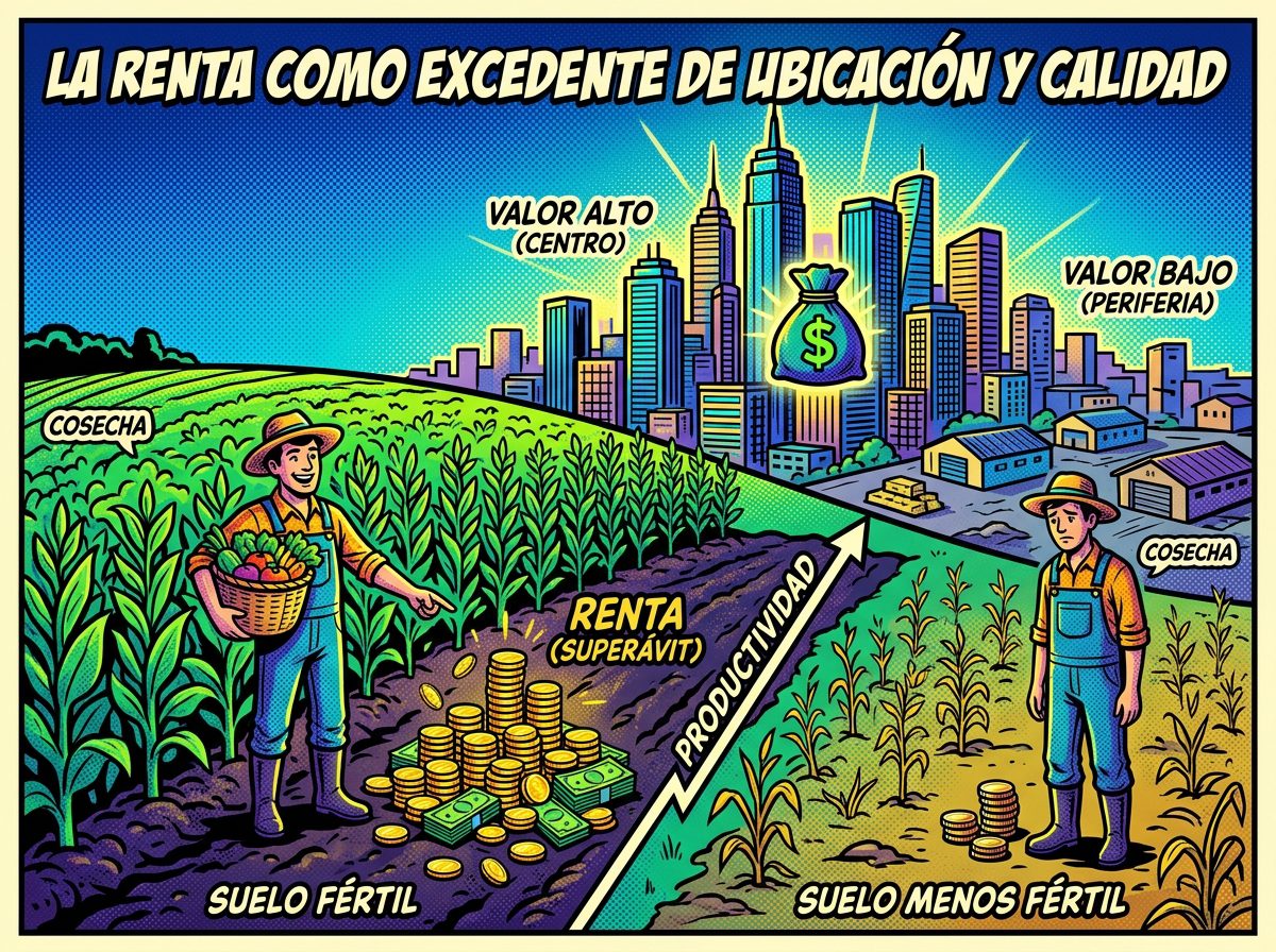 Teoría de la renta de David Ricardo: explicación de la ganancia por ubicación y calidad de recursos.