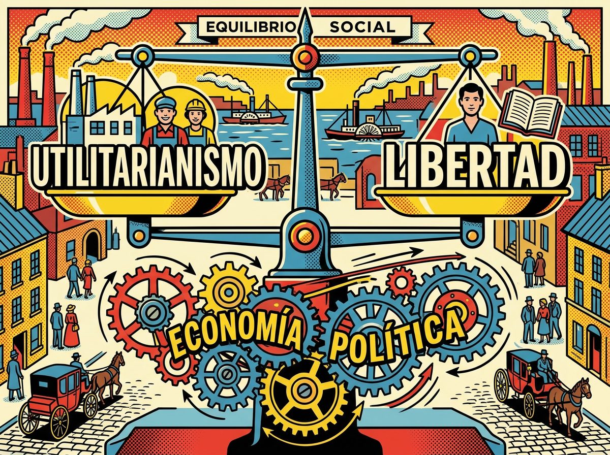 Metáfora visual de la integración de utilitarismo, libertad y economía política.