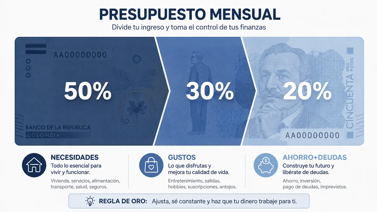 Infografía de la regla 50/30/20 para el presupuesto personal en Colombia