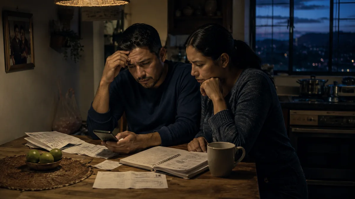 Pareja colombiana organizando sus finanzas personales en la mesa de la cocina con una libreta y el celular