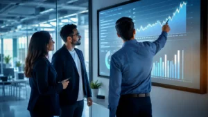 Equipo analizando una tendencia de crecimiento por adoptar IA generativa con método y ROI