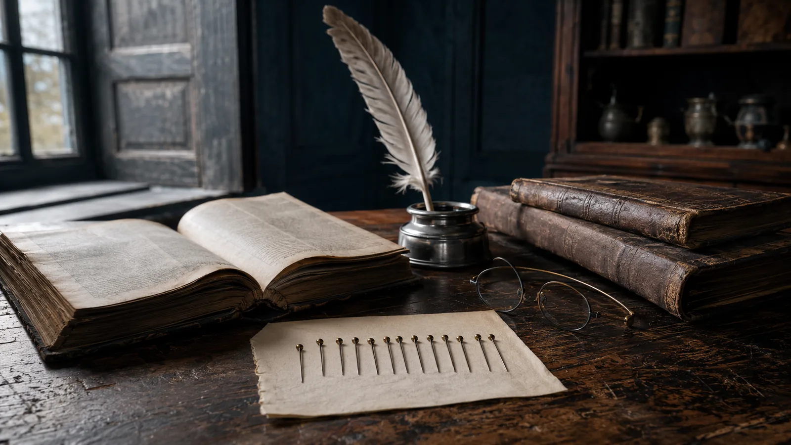 Escritorio de estudio del siglo XVIII con pluma, tintero, libros antiguos abiertos y un alfiler sobre papel, evocando a Adam Smith y la fábrica de alfileres