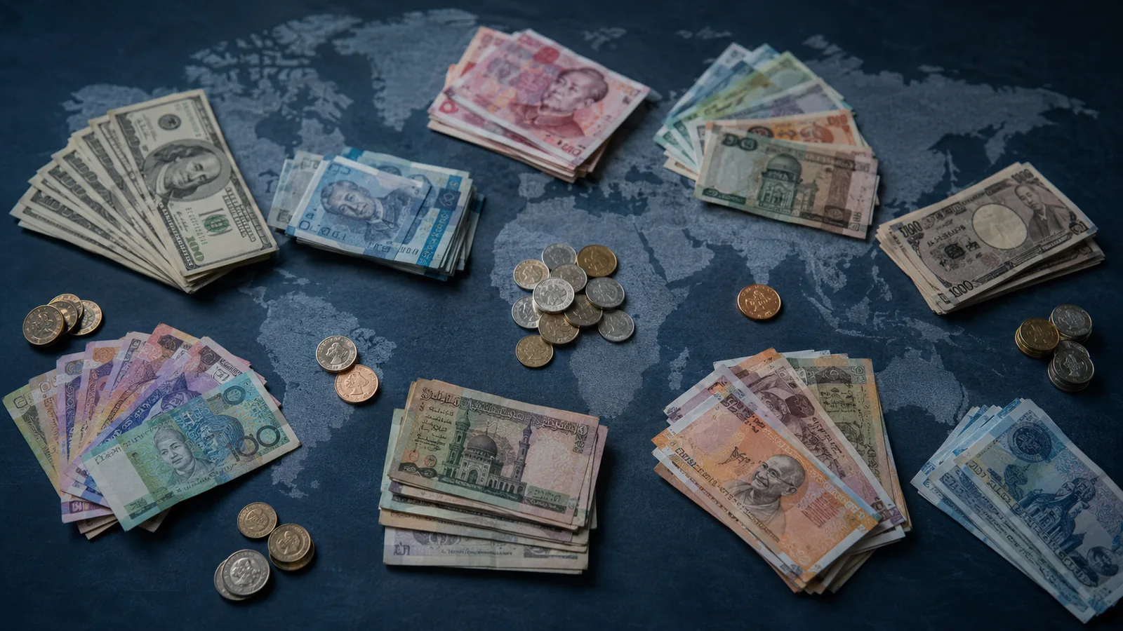 Billetes y monedas de distintos países ordenados sobre una superficie azul oscura con un mapamundi de fondo, imagen que ilustra las transacciones de un país con el resto del mundo que registra la balanza de pagos.