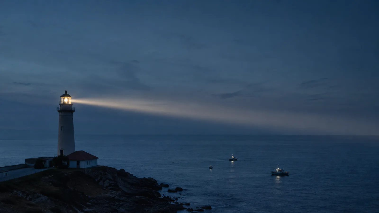 Faro costero al atardecer proyecta su haz de luz sobre el mar en calma, ejemplo clásico de bien público en economía.