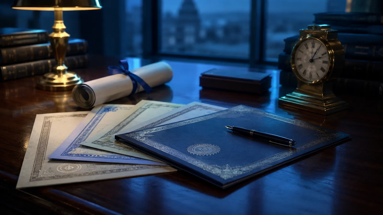 Documentos tipo bono y certificado sobre un escritorio de madera oscura con una pluma y un reloj de bronce, imagen editorial que ilustra los bonos TES o Títulos de Tesorería con los que se financia el Gobierno de Colombia