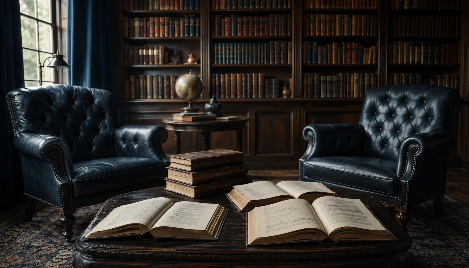 Dos sillones enfrentados en una biblioteca clásica con libros de economía: el diálogo de ideas entre grandes economistas.