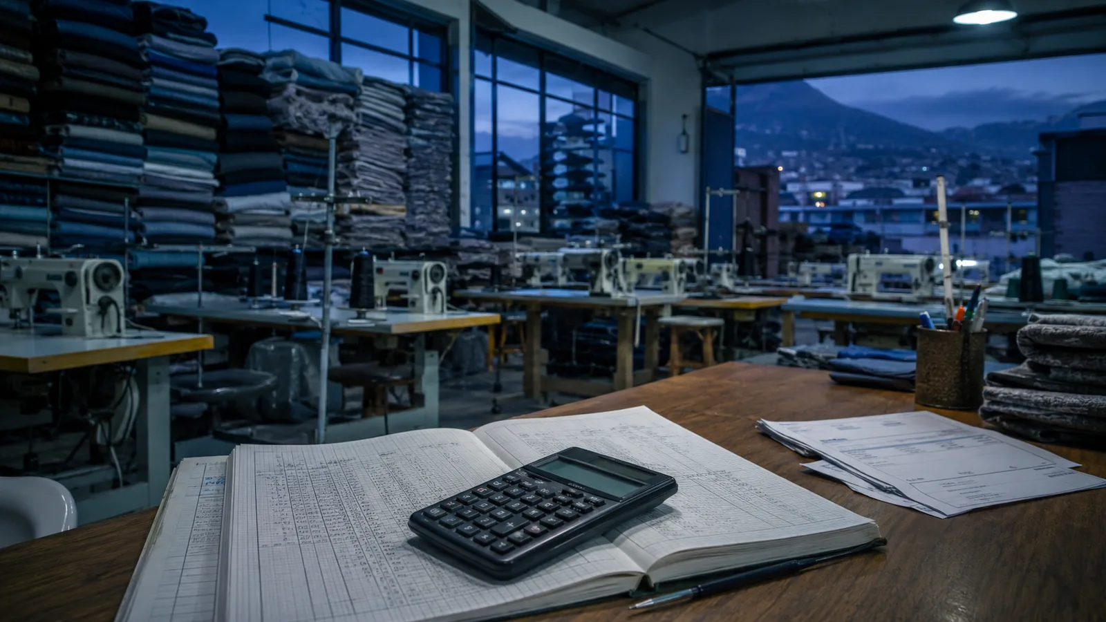 Interior de un pequeño taller de confección latinoamericano con máquinas de coser en fila, rollos de tela apilados y una calculadora sobre un cuaderno de cuentas, metáfora de los costos de producción fijos y variables