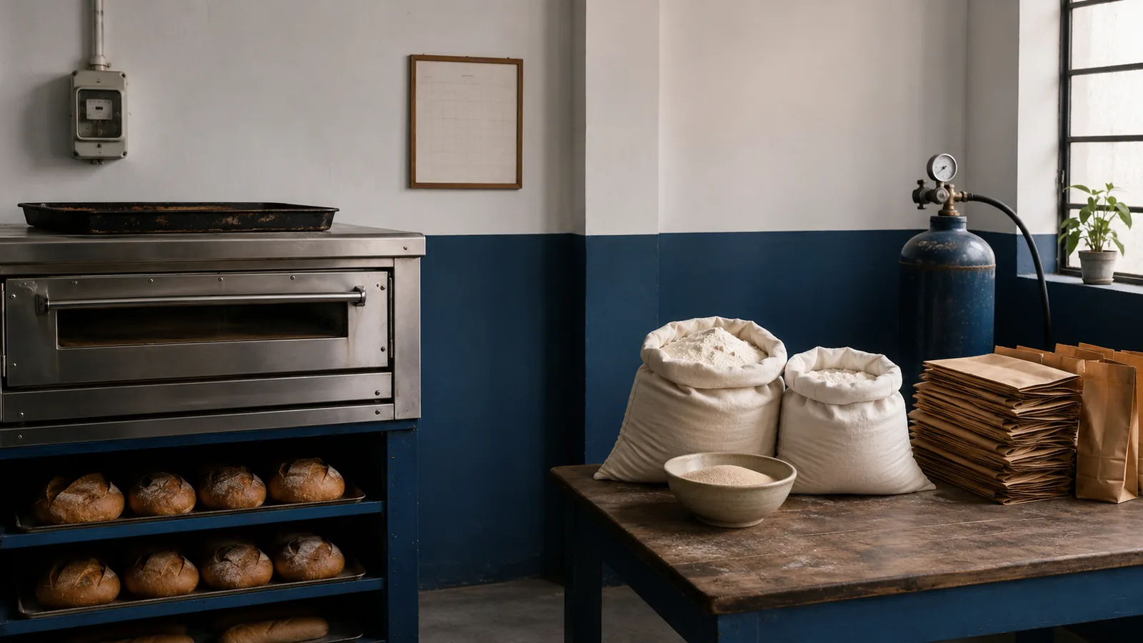 Taller de una panadería con un horno fijo y un medidor de luz a un lado, y sacos de harina, un cilindro de gas y empaques al otro, que ilustran la diferencia entre costos fijos y variables.