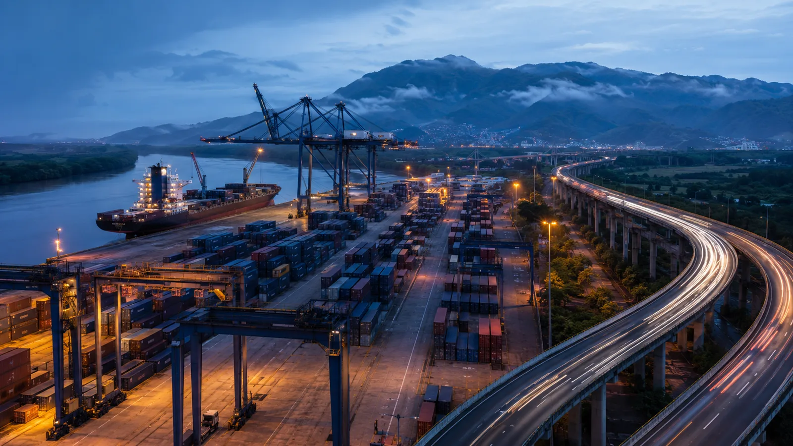 Puerto industrial colombiano con contenedores y grúas al amanecer, imagen del crecimiento económico de Colombia