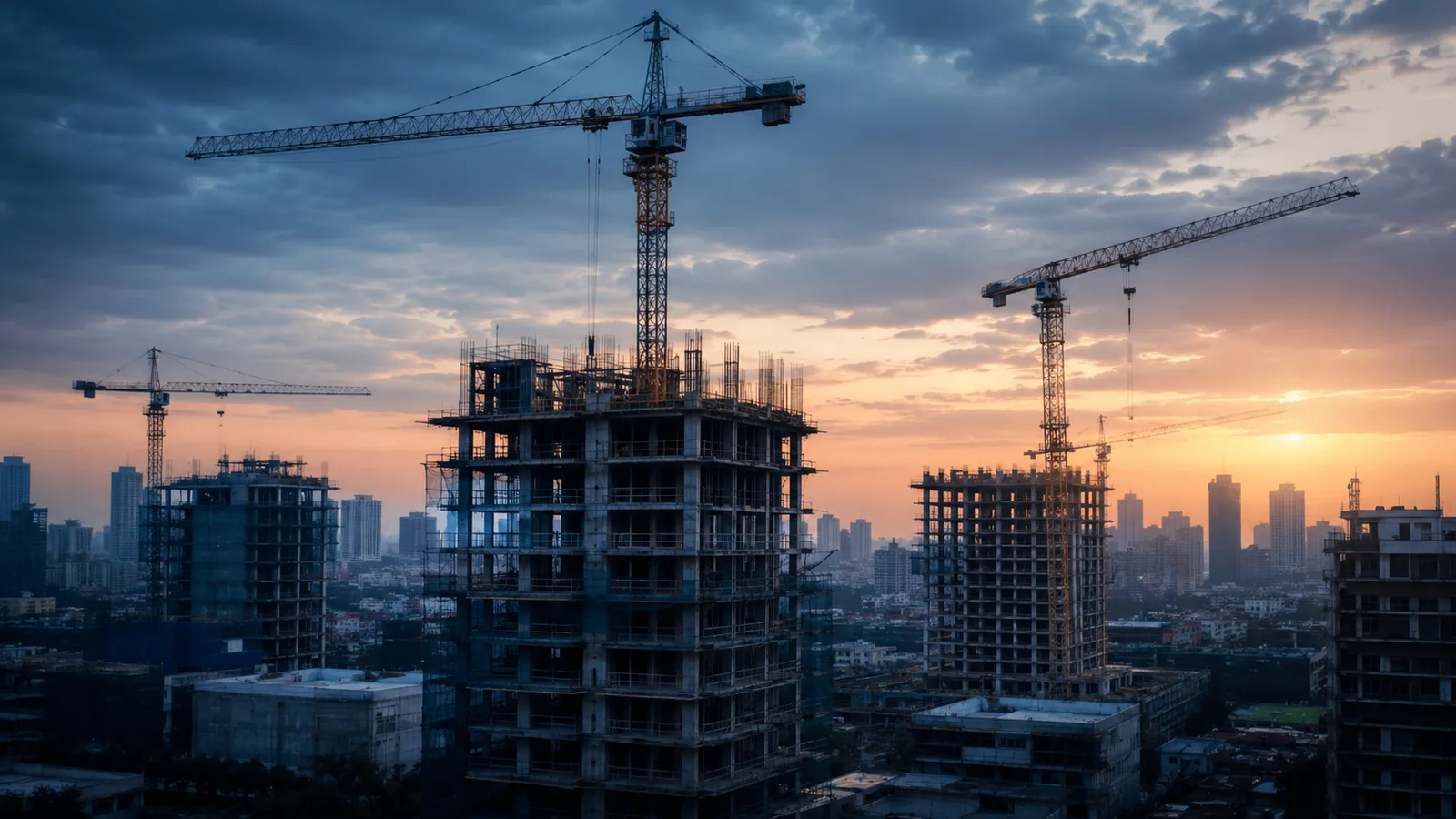 Skyline urbano en desarrollo con grúas de construcción al amanecer, metáfora del crecimiento económico y la expansión de la producción