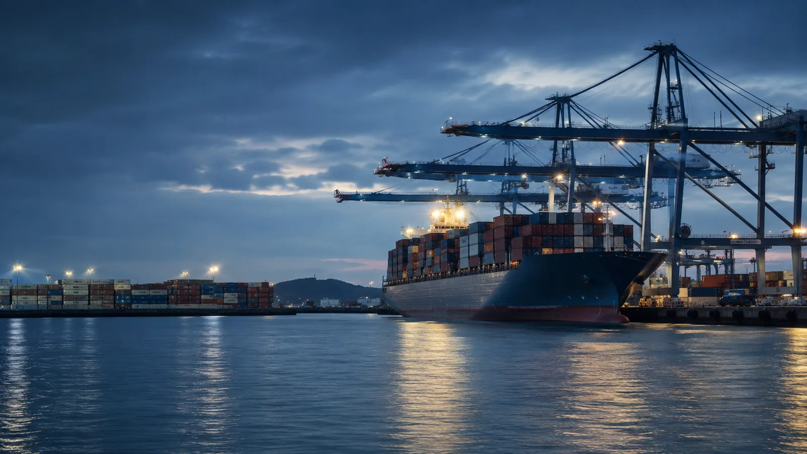Puerto marítimo comercial al atardecer con altas pilas de contenedores y un buque portacontenedores cargando junto a grúas pórtico, imagen que ilustra el comercio internacional y el déficit comercial de Colombia