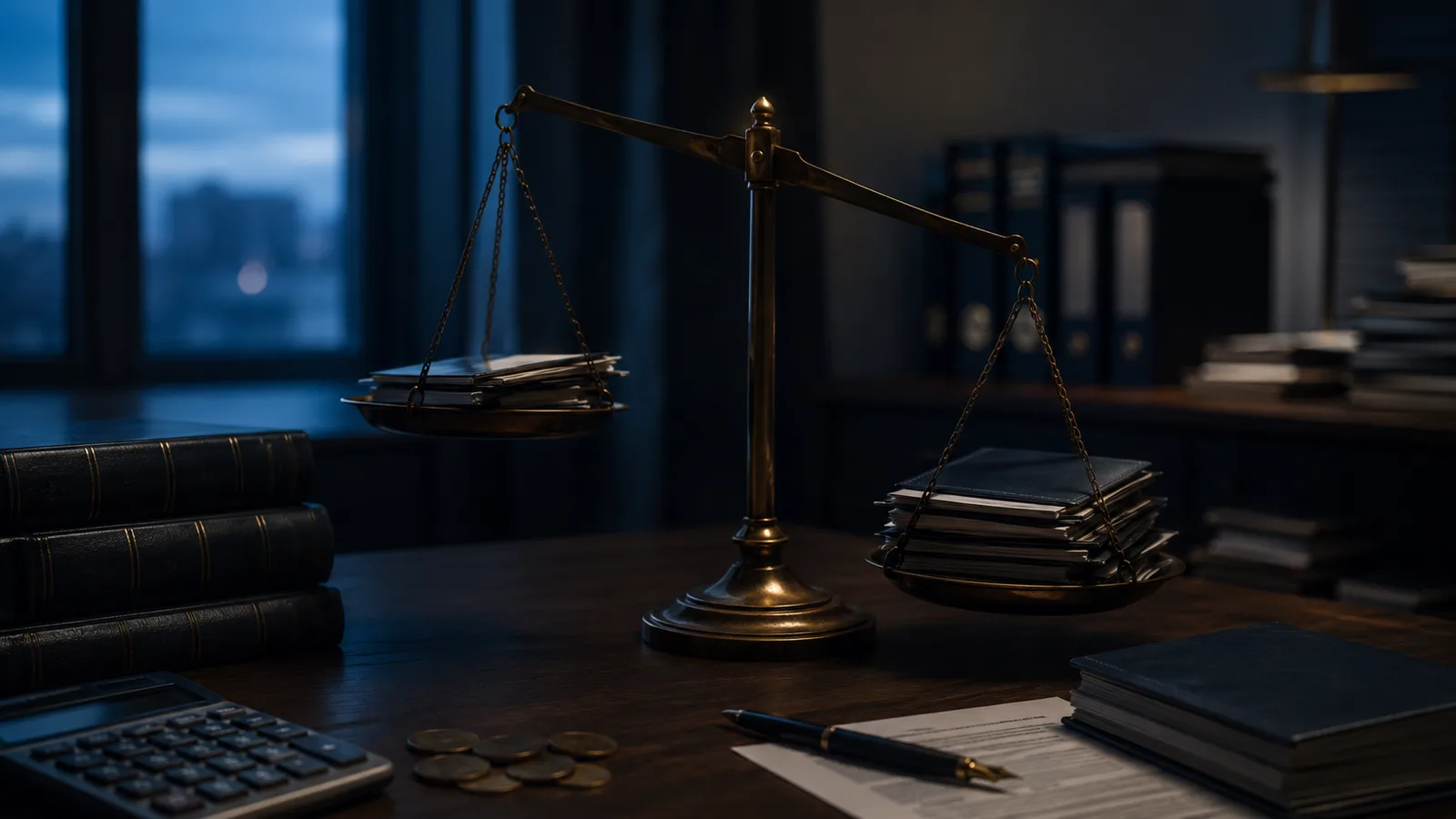 Balanza de latón inclinada hacia un lado sobre un escritorio con gruesos documentos de presupuesto público, monedas y una calculadora, imagen que ilustra el déficit fiscal de Colombia, cuando el Estado gasta más de lo que recauda