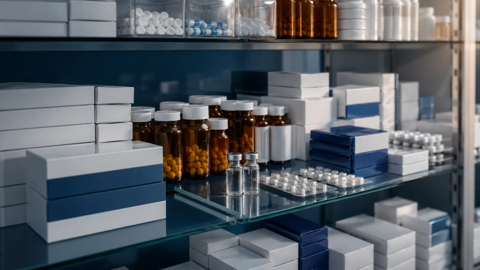 Estante de farmacia con cajas de medicamentos, frascos y ampollas de insulina ordenados, ejemplo de bienes de demanda inelástica que se compran cueste lo que cueste.