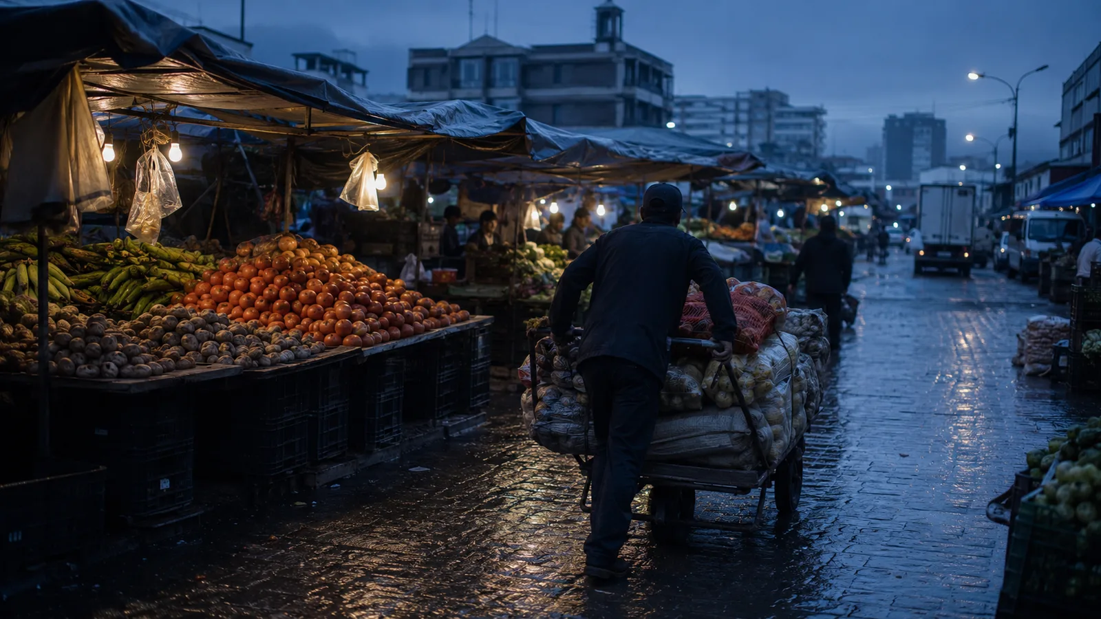 Vendedores informales al amanecer en una plaza de mercado colombiana, con puestos de frutas y verduras y un trabajador empujando una carretilla de bultos, escena que ilustra la informalidad laboral y el desempleo en Colombia