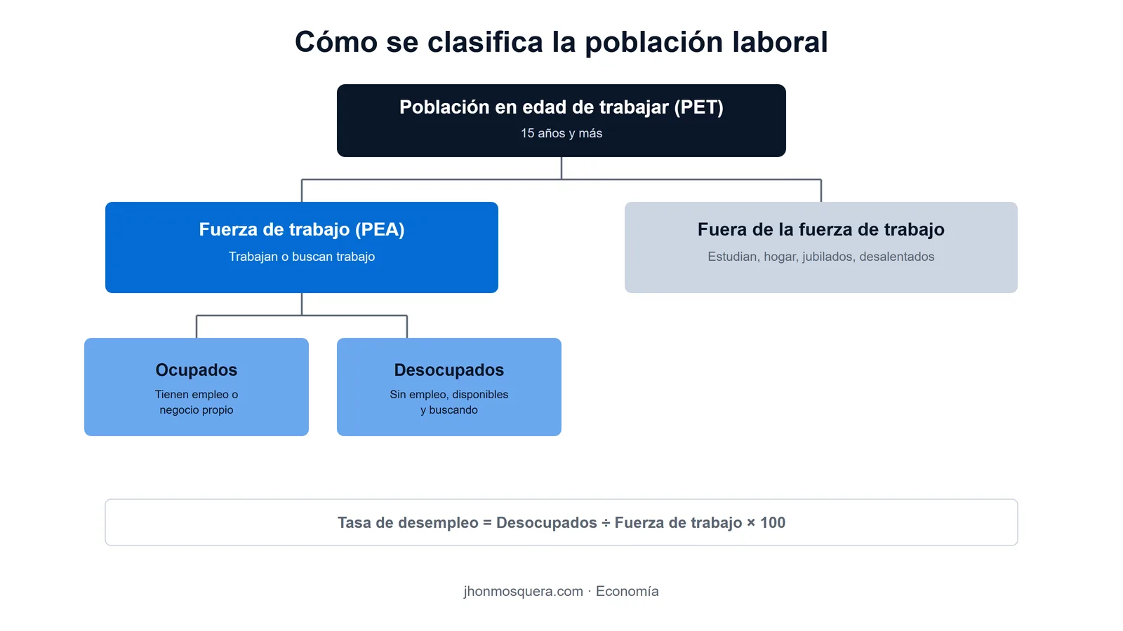 Diagrama de la población laboral: la población en edad de trabajar se divide en fuerza de trabajo (ocupados y desocupados) y personas fuera de la fuerza de trabajo