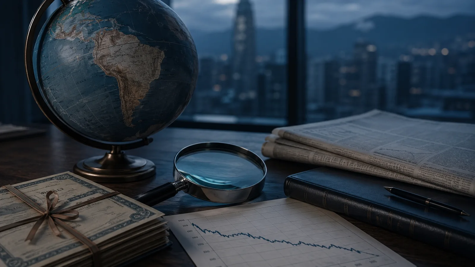 Globo terráqueo mostrando Suramérica junto a una lupa, certificados de deuda atados con cinta y una gráfica descendente sobre un escritorio, imagen que ilustra la deuda pública de Colombia y su calificación crediticia bajo escrutinio internacional