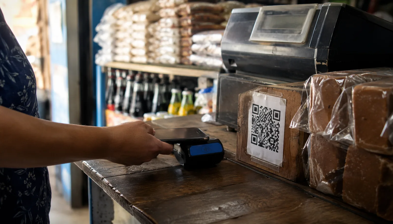 Pago con celular y código QR en una tienda de barrio colombiana: la economía digital cotidiana en el comercio pequeño.