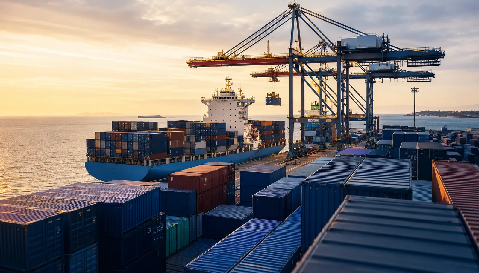 Puerto de contenedores en Colombia al amanecer, símbolo del comercio exterior y la economía internacional