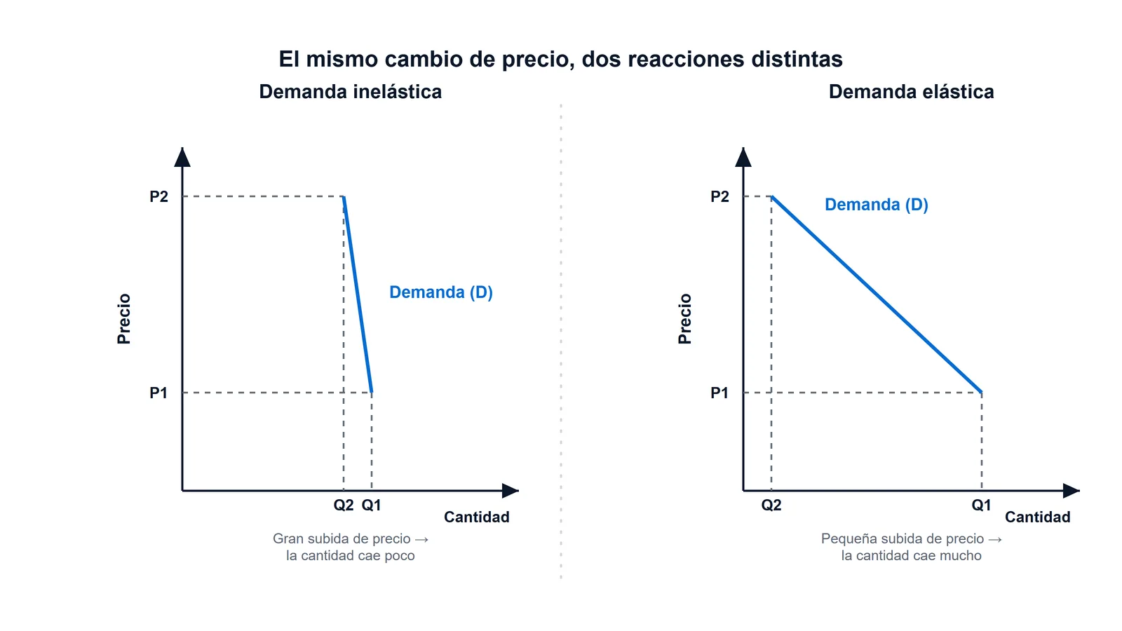 Diagrama de dos paneles que compara una demanda inelástica (curva empinada: una gran subida de precio reduce poco la cantidad) con una demanda elástica (curva plana: una pequeña subida de precio reduce mucho la cantidad)