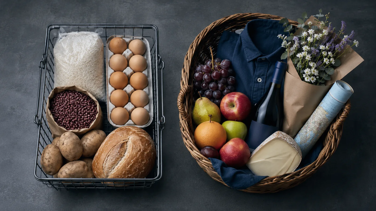 Dos canastas de compra contrastadas vistas desde arriba: una con alimentos básicos como arroz y huevos y otra con productos premium como vino, frutas y flores, ejemplo de cómo cambia el consumo del hogar según su ingreso.
