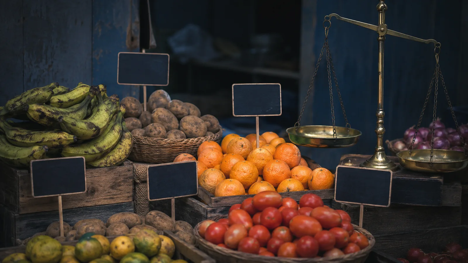 Puesto de mercado con frutas y verduras en canastos, letreros de precio en blanco y una balanza de platillos, escena que evoca la elasticidad precio de la demanda: cuánto cambia la cantidad comprada según el precio.