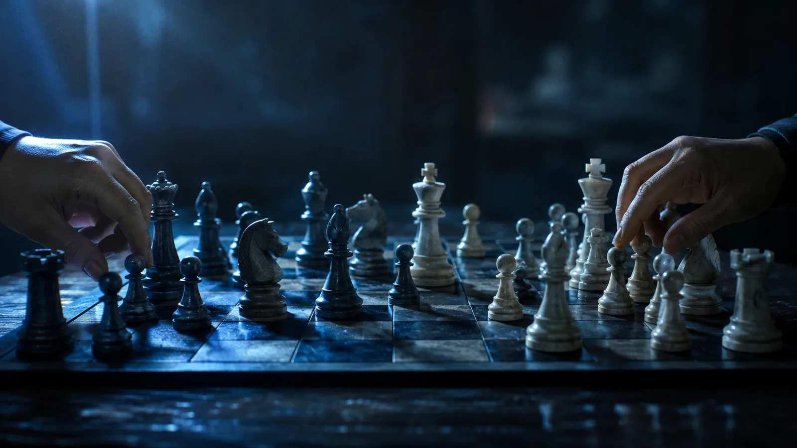 Dos jugadores enfrentados sobre un tablero de ajedrez a media luz, metáfora del equilibrio de Nash en la teoría de juegos