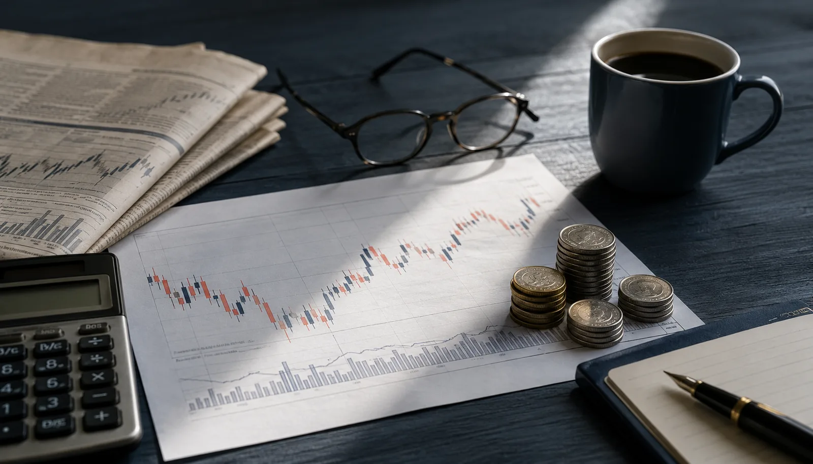 Escritorio de finanzas personales visto de cerca: periódico económico en la sección de mercados, calculadora, monedas apiladas y un gráfico de velas impreso.