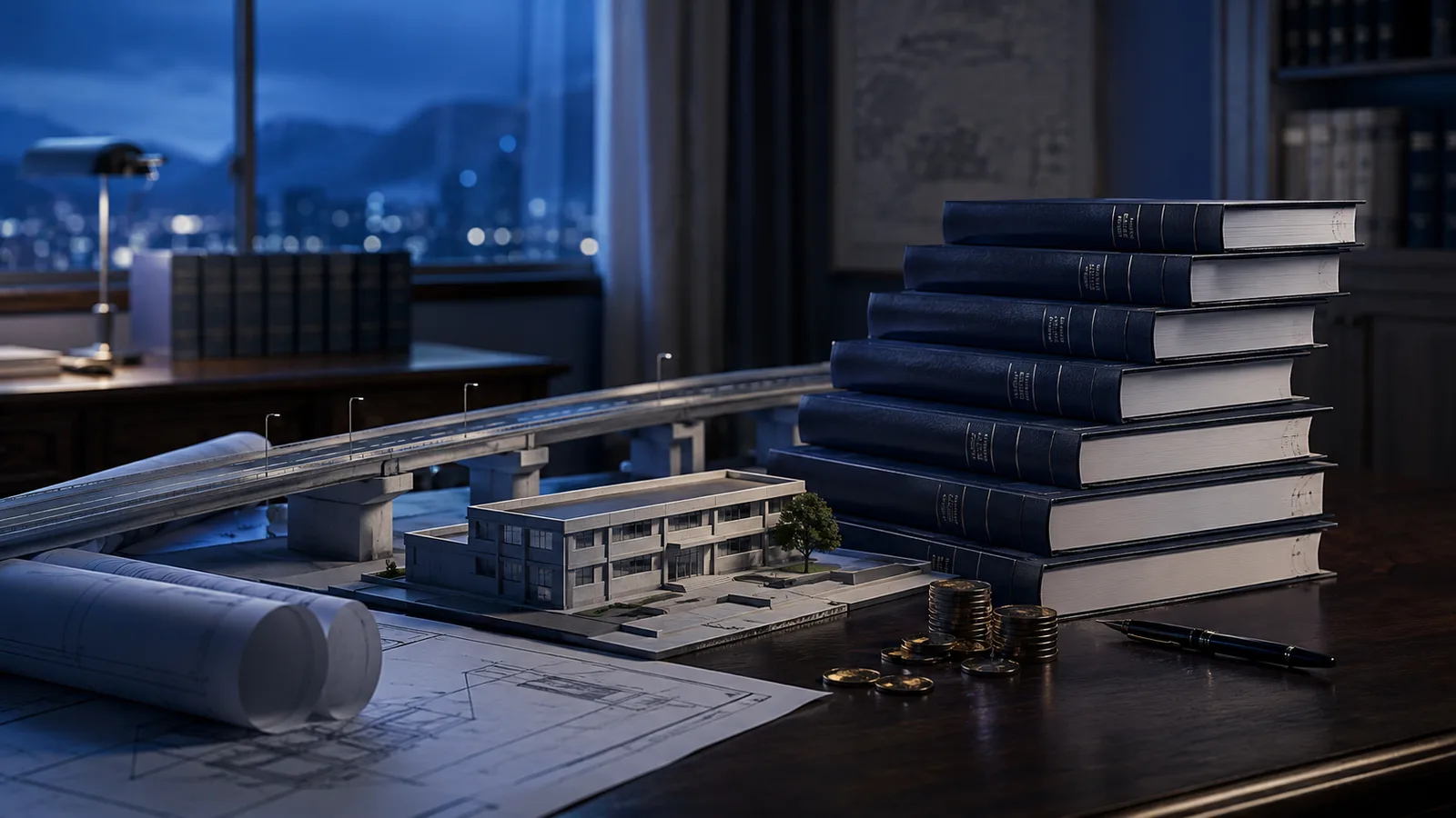Maqueta de un puente y un colegio junto a una pila ascendente de gruesos libros de presupuesto público sobre un escritorio, imagen que ilustra el gasto público en Colombia y el crecimiento del tamaño del Estado