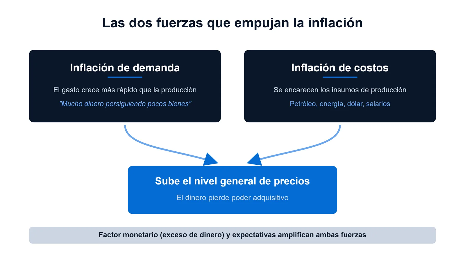 Diagrama de las causas de la inflación: la inflación de demanda y la de costos elevan el nivel general de precios.