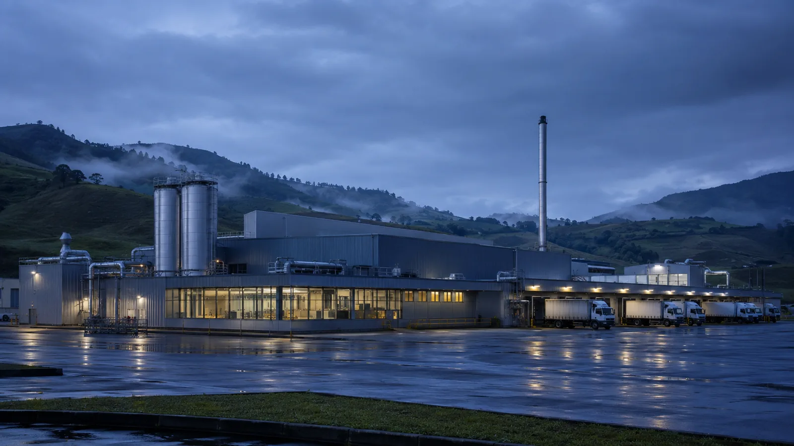 Planta industrial moderna al amanecer en un valle latinoamericano, imagen de la inversión extranjera directa que construye capacidad productiva en el país receptor
