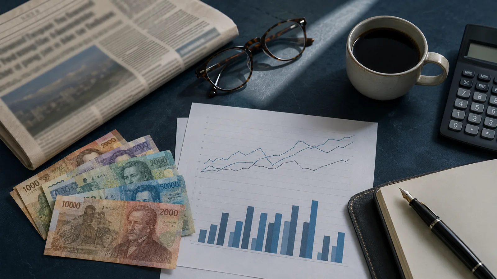 Escritorio de un economista en Colombia visto desde arriba: periódico financiero, billetes de peso y gráficos impresos que evocan la macroeconomía.