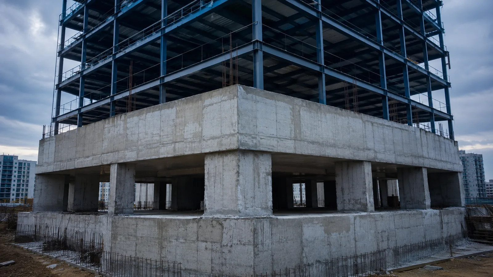 Cimientos de hormigón de un edificio en construcción sosteniendo la estructura superior, metáfora de la base material y la superestructura en el materialismo histórico