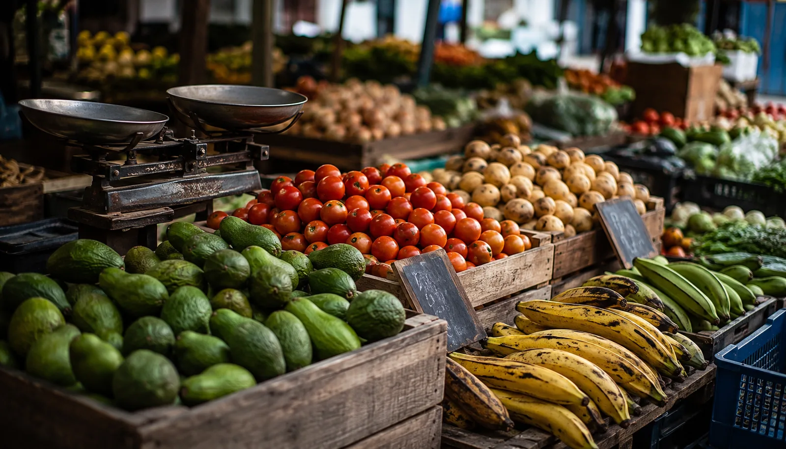 Puesto de una plaza de mercado en Colombia con cajones de frutas y verduras, una balanza y precios escritos a mano en tiza.