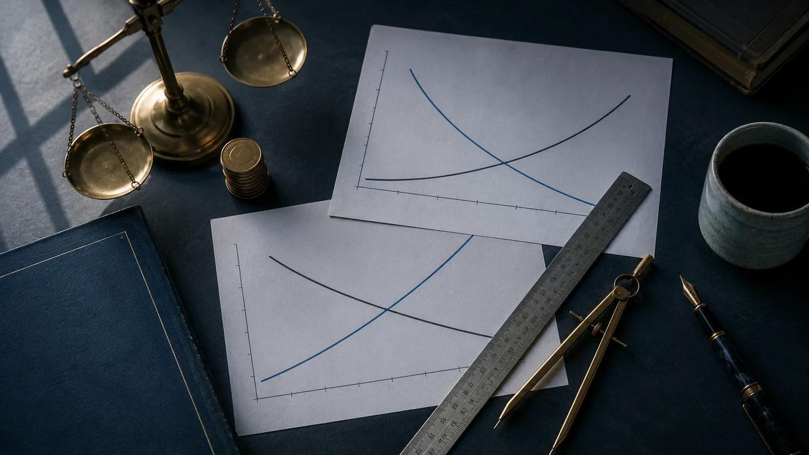 Escena editorial cenital que evoca el modelo IS-LM: gráficos impresos con dos curvas que se cruzan, una regla, un compás y una balanza de equilibrio sobre un escritorio de trabajo en tonos azul y navy.