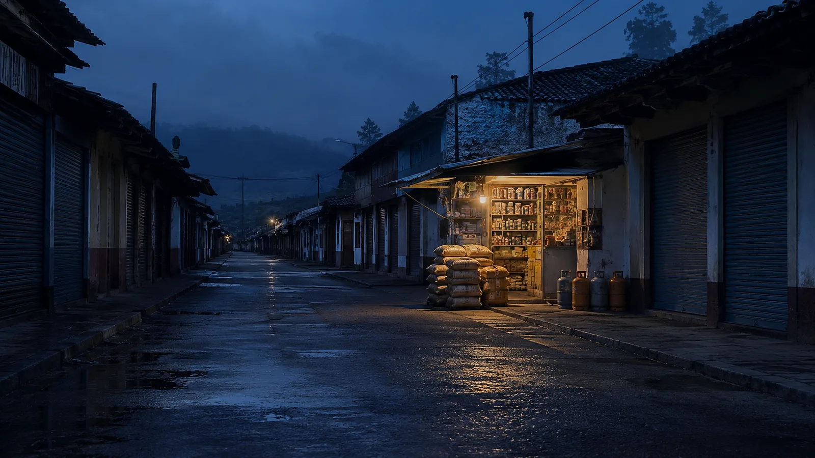 Único local comercial iluminado al final de una calle vacía de un pueblo al anochecer, con cilindros de gas y mercancía apilada afuera y ningún otro comercio a la vista, metáfora del monopolio: un solo vendedor sin competencia