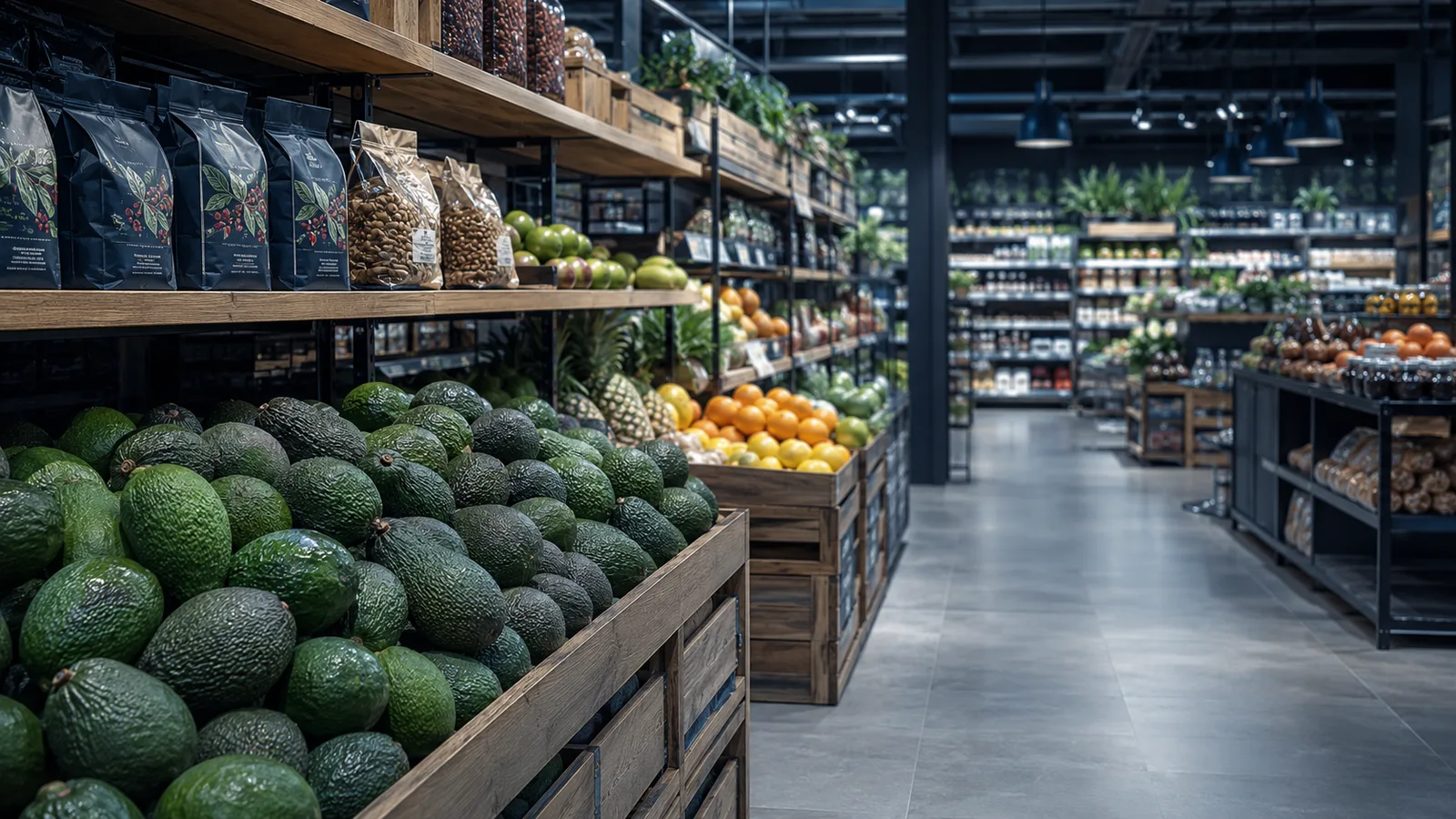 Pasillo de un supermercado con góndolas y cajones llenos de aguacates, café y frutas frescas, como ejemplo de mercados reales donde la oferta y la demanda mueven los precios