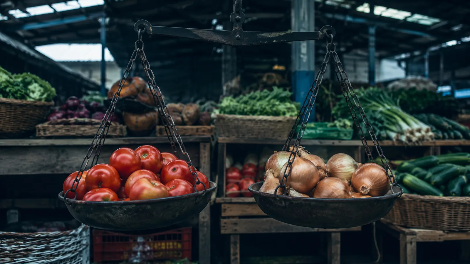 Balanza tradicional de una plaza de mercado colombiana pesando verduras frescas, con canastas de producto al fondo, como metáfora del punto de equilibrio entre la oferta y la demanda