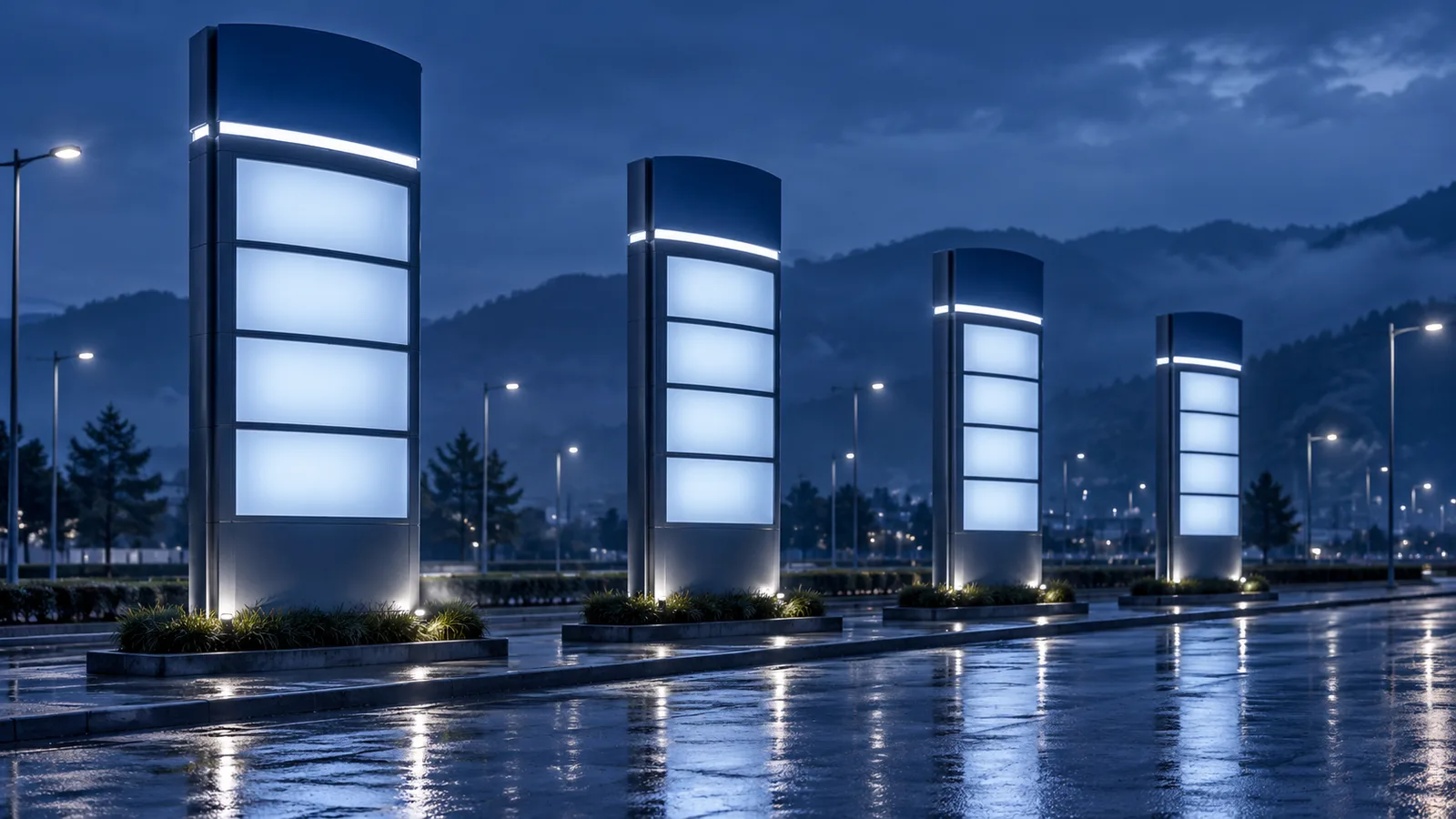 Cuatro tótems de precios iluminados y casi idénticos alineados en una avenida al anochecer, metáfora visual del oligopolio: pocos vendedores grandes que se vigilan entre sí.