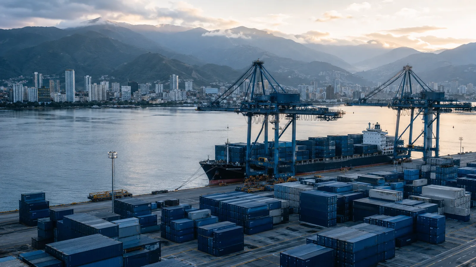 Puerto colombiano con contenedores apilados, grúas y una ciudad con los Andes al fondo, imagen que ilustra el tamaño y la diversidad del PIB de Colombia