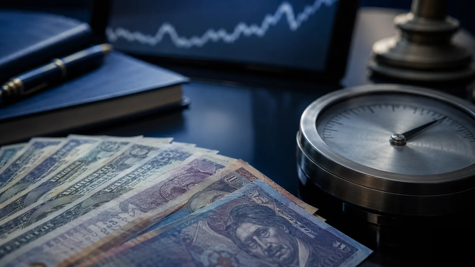 Billetes de peso colombiano y dólares estadounidenses sobre un escritorio junto a un medidor metálico y una pantalla con una curva difusa, que ilustra la política cambiaria y el manejo del tipo de cambio en Colombia