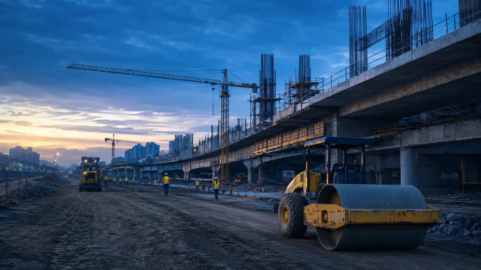 Obra pública en construcción al amanecer, metáfora de la política fiscal expansiva que reactiva la economía mediante el gasto público