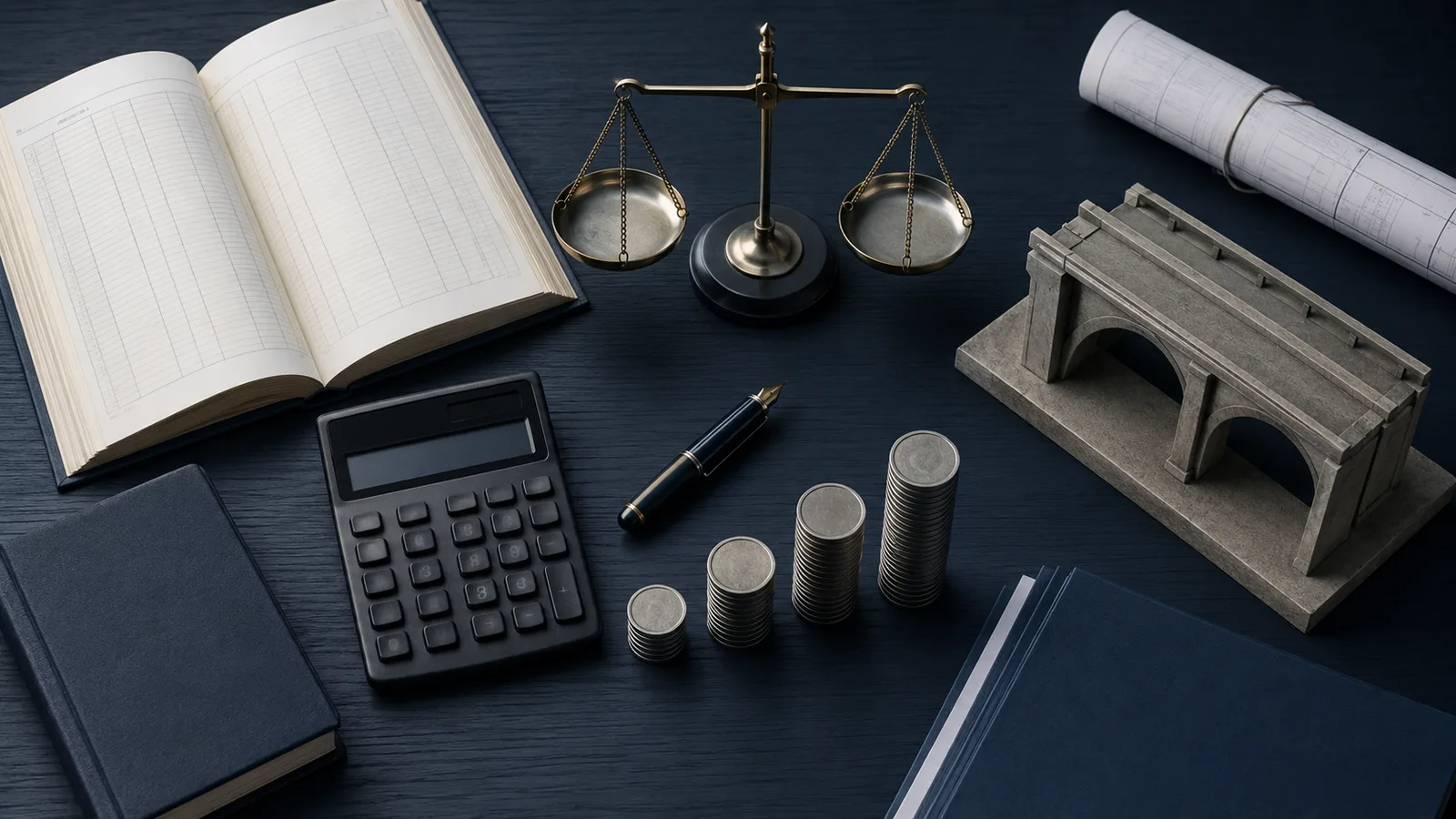 Escritorio cenital que representa la política fiscal: libro de cuentas abierto, una balanza, calculadora, monedas apiladas y una pequeña maqueta de obra pública, en tonos azul y gris pizarra.