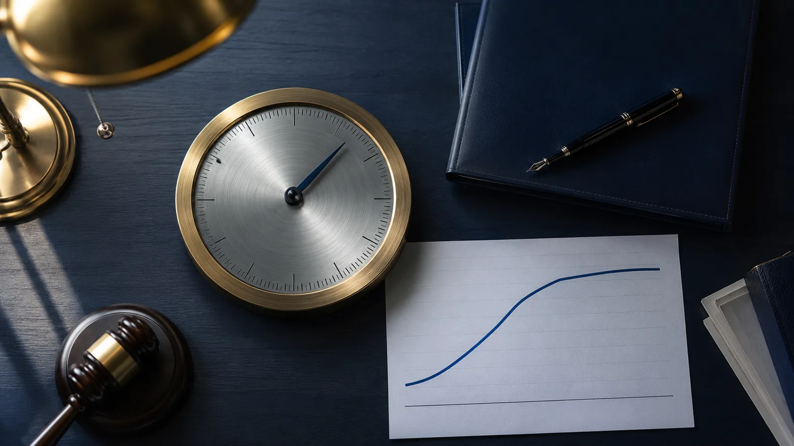 Escena editorial cenital que evoca la política monetaria: un dial de control con aguja, una gráfica impresa con una curva de tasa de interés sin texto legible, una pluma y un pequeño mazo de madera sobre un escritorio en tonos azul y navy, con una lámpara de banca desenfocada al fondo.