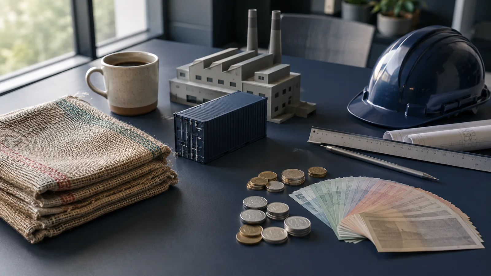 Escena editorial que representa el Producto Interno Bruto: elementos de agricultura, industria, comercio y dinero sobre un escritorio en tonos azul y gris