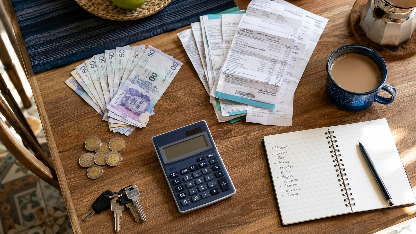 Mesa de cocina de un hogar colombiano con billetes de peso, recibos, calculadora y la lista del mercado: la economía cotidiana.
