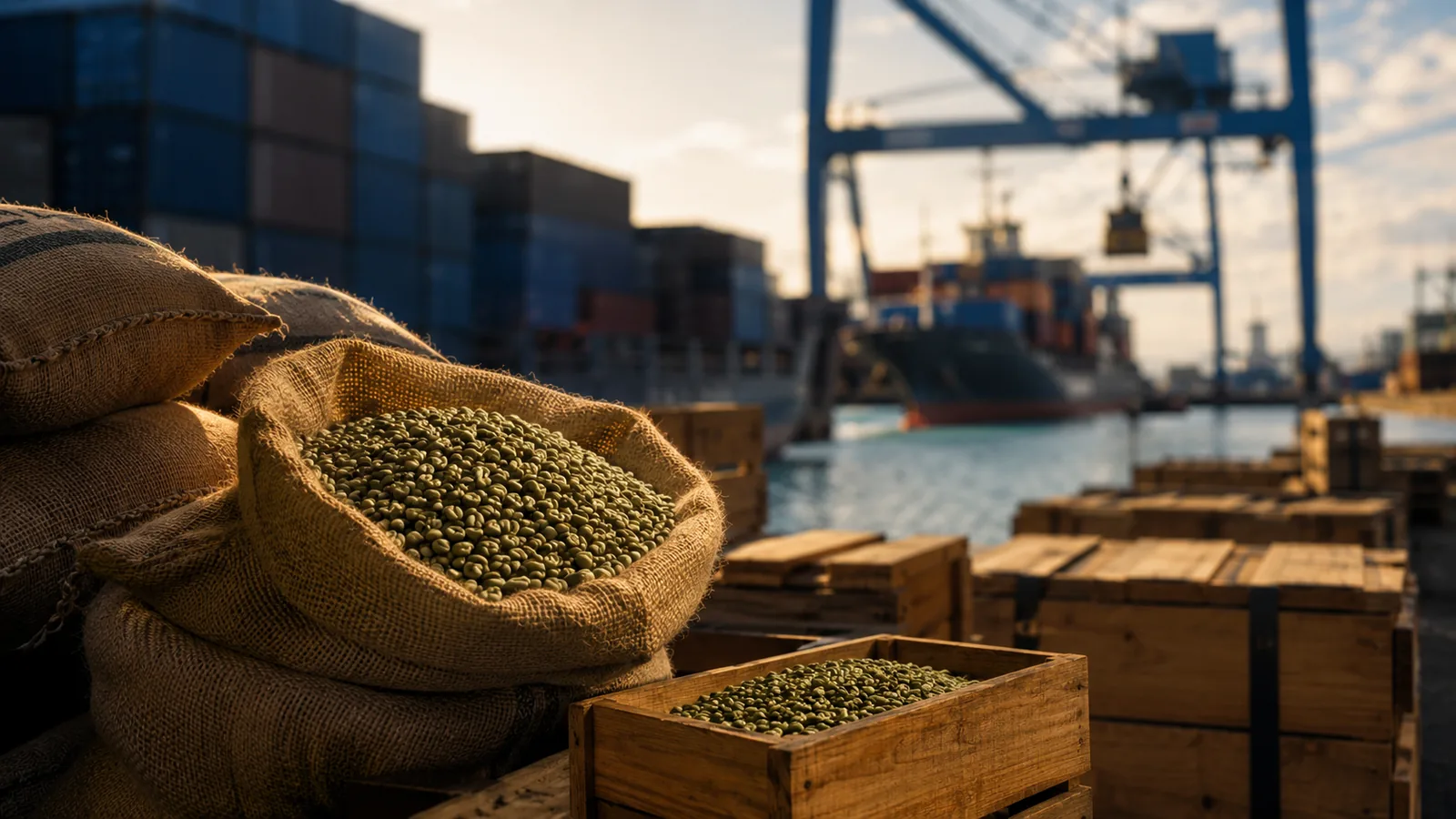 Sacos de café colombiano listos para exportación en un puerto, ejemplo de la ventaja absoluta de Colombia en el comercio internacional