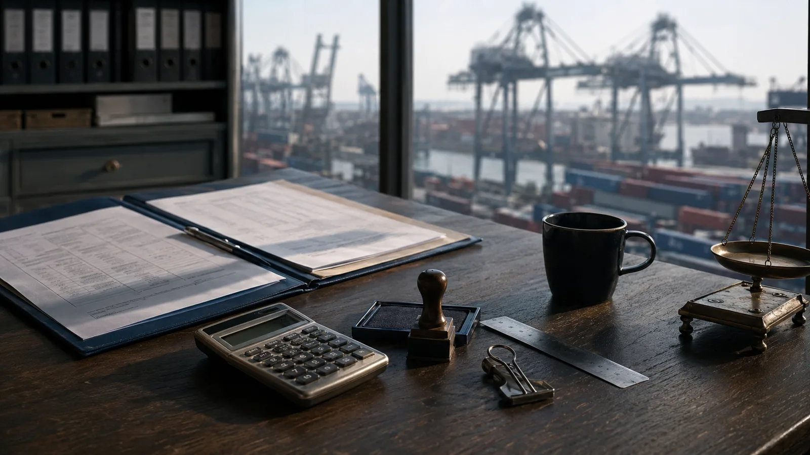 Mesa de trabajo de un despacho de aduanas en Colombia con carpeta de declaración de importación, calculadora y sellos, y grúas portuarias desenfocadas al fondo