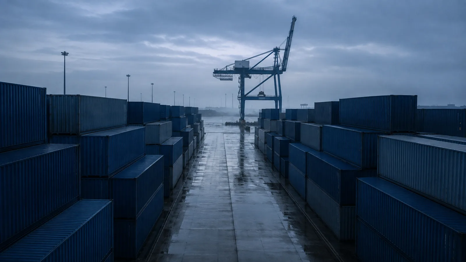Terminal portuaria al amanecer con contenedores apilados y una grúa detenida, imagen del artículo sobre los aranceles entre China y Estados Unidos